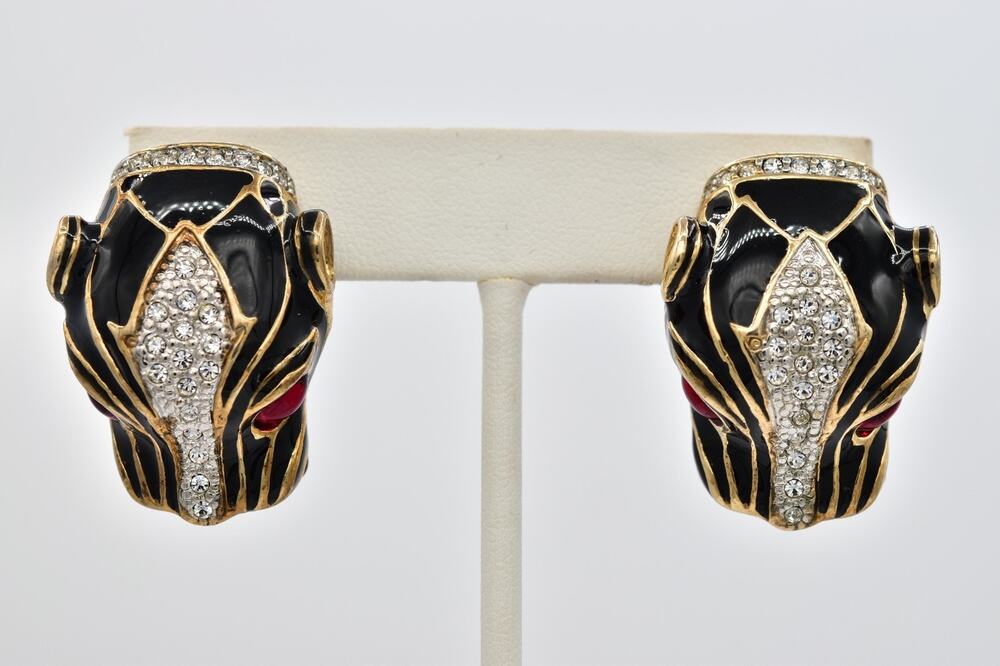 Vintage NOS Panther Head Clip On Earrings Black Enamel Red Cabochon Gold 80s A18